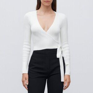 Missguided White Ribbed Wrap V neck Top Long Sleeve Size Small 26e
